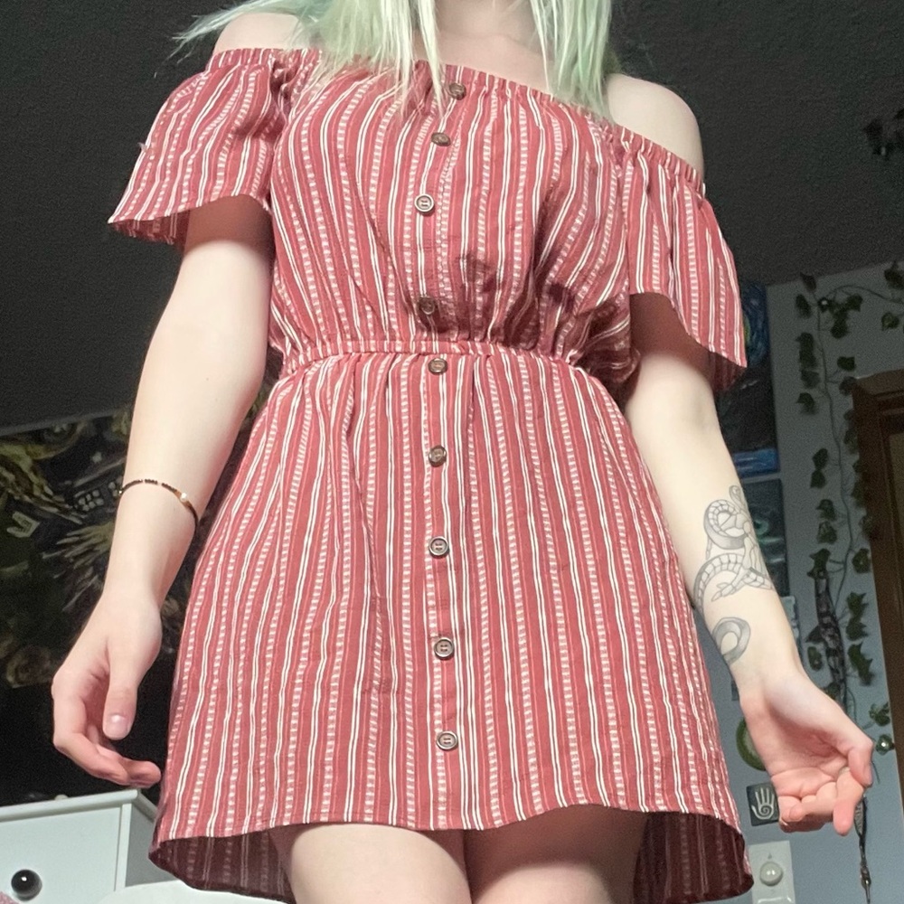 Justify Striped Coral Off-The-Shoulder Mini Dress